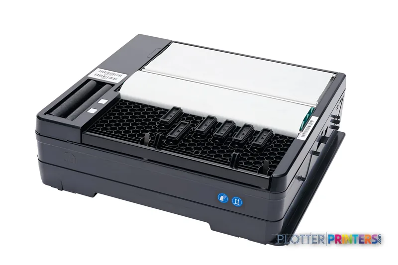 HP Latex 630 Printer large-format printer shown from above with open media roll compartment and ink cartridge slots visible