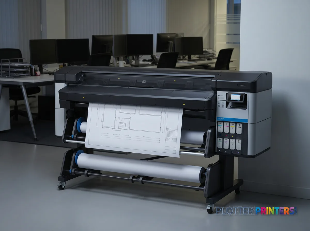 HP Latex 630 Printer in an engineering office with a technical drawing at its print slot (staged scene from manufacturer product photography)