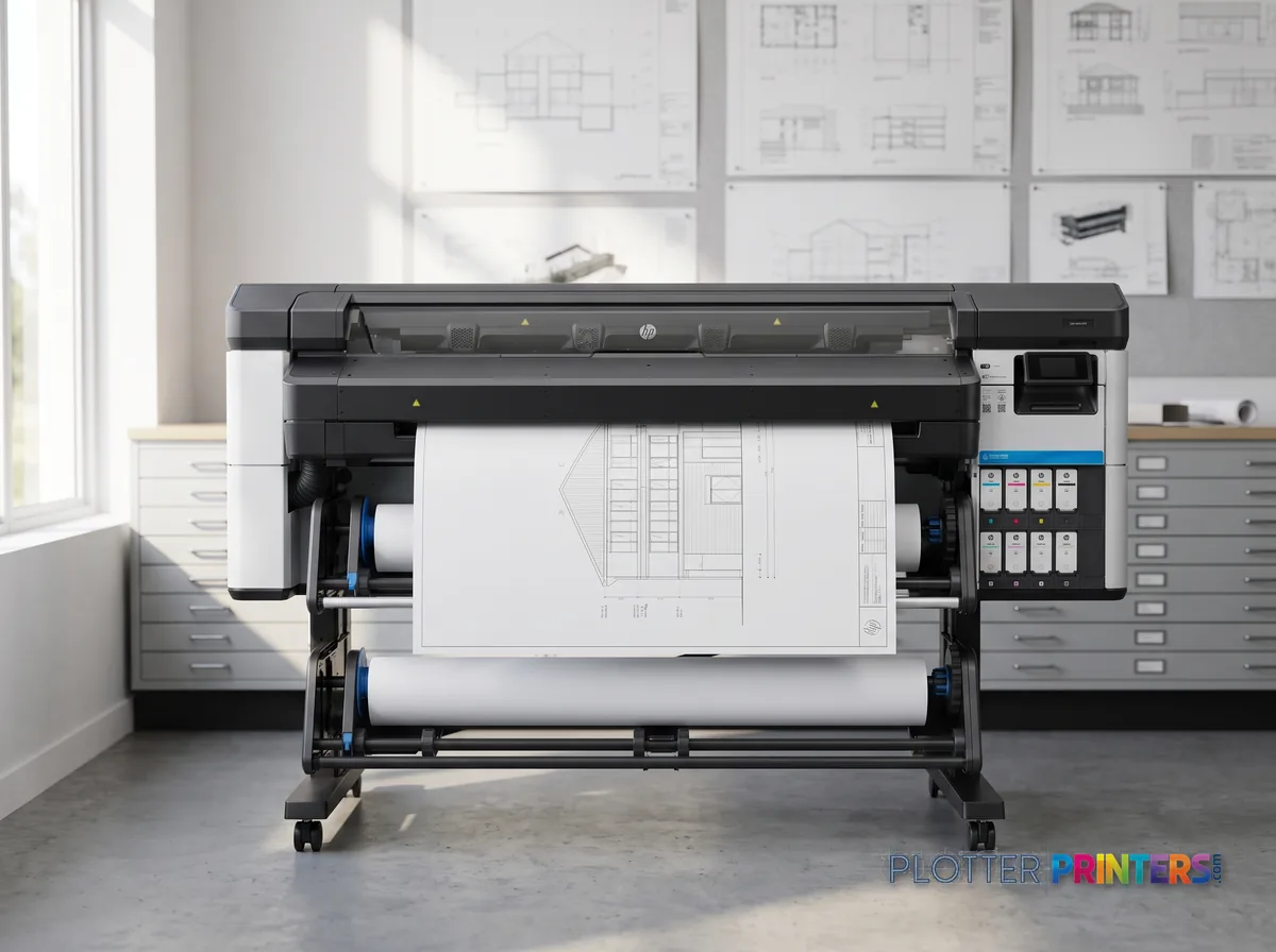 HP Latex 630 Printer in a plan room beside flat-file drawers, printing a CAD elevation (staged scene from manufacturer product photography)