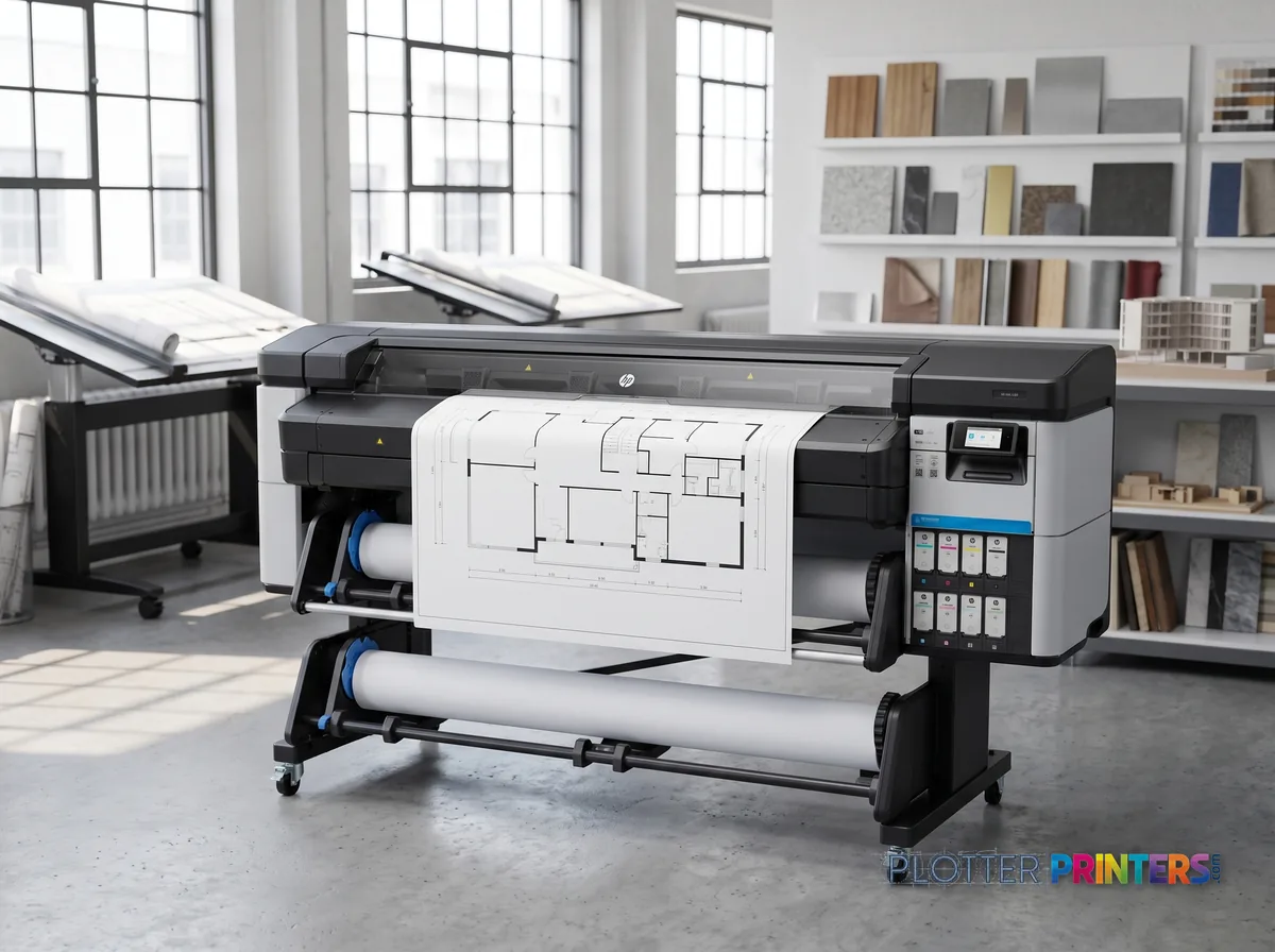 HP Latex 630 Printer in a bright architecture studio, printing a large floor plan (staged scene from manufacturer product photography)