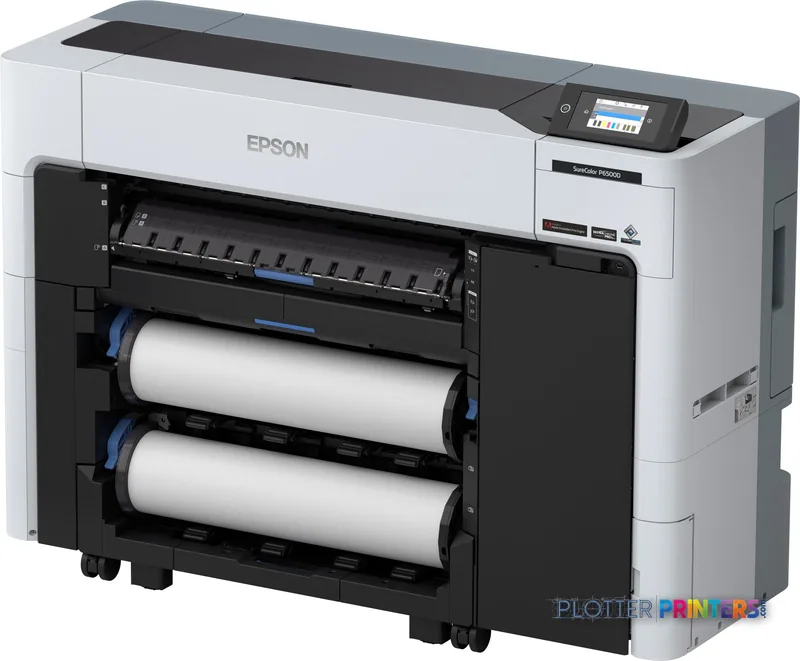 Epson SureColor SC-P6500D large-format printer product image showing white and black printer with dual roll feed system and…