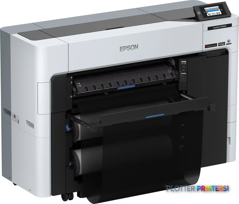 Epson SureColor SC-P6500D large-format printer product image showing white and black inkjet printer with open front panel an…