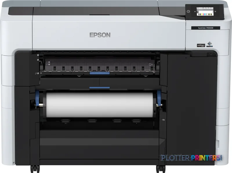 Epson SureColor SC-P6500E large-format printer front view with white and black design, showing open paper feed mechanism and…