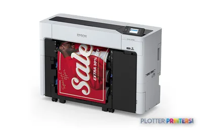Epson SureColor T3770E large-format printer product image showing white and black inkjet printer with red fabric print output