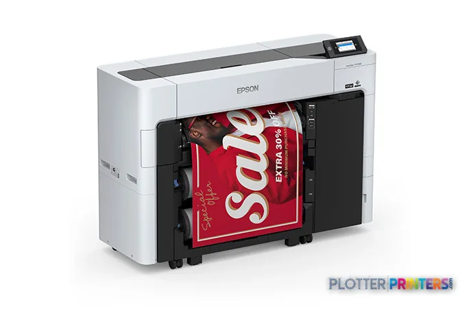 Epson SureColor T3770E large-format printer product image showing white and black inkjet printer with red fabric printing th…