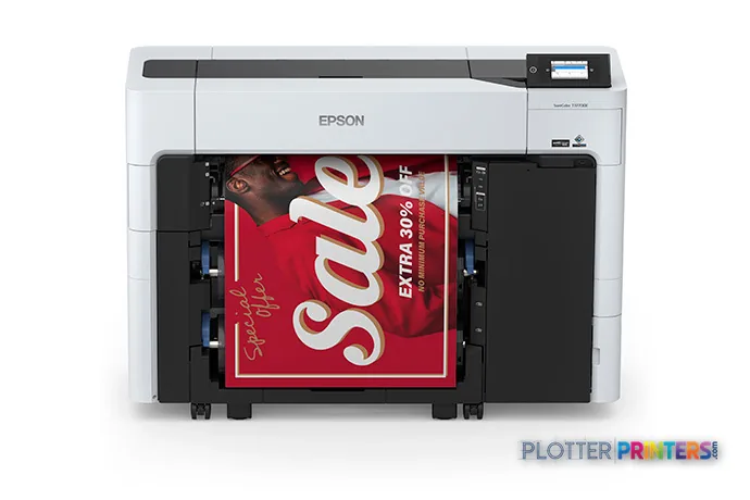 Epson SureColor T3770E large-format printer product image showing white and black inkjet printer with red banner print sample