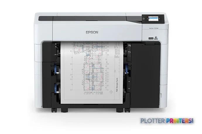 Epson SureColor T3770E large format printer front view with architectural blueprint output