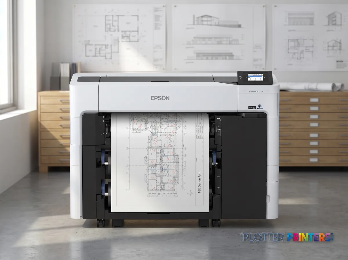 Epson SureColor T3770E 24-in Plotter in a plan room beside flat-file drawers, printing a CAD elevation (staged scene from manufacturer product photography)