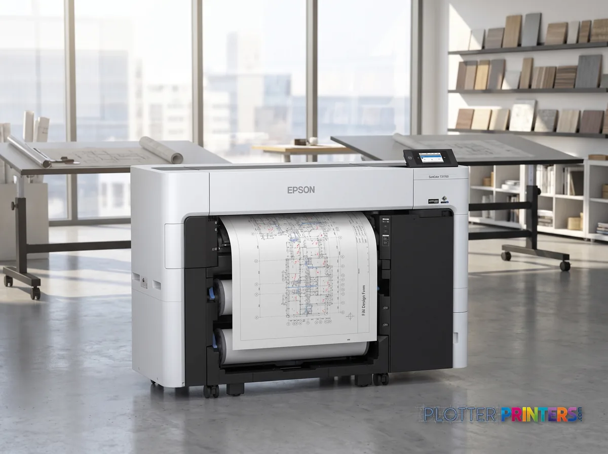 Epson SureColor T3770E 24-in Plotter in a bright architecture studio, printing a large floor plan (staged scene from manufacturer product photography)