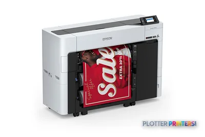 Epson SureColor T3770DR large format printer product image showing white and black inkjet printer with red fabric being prin…