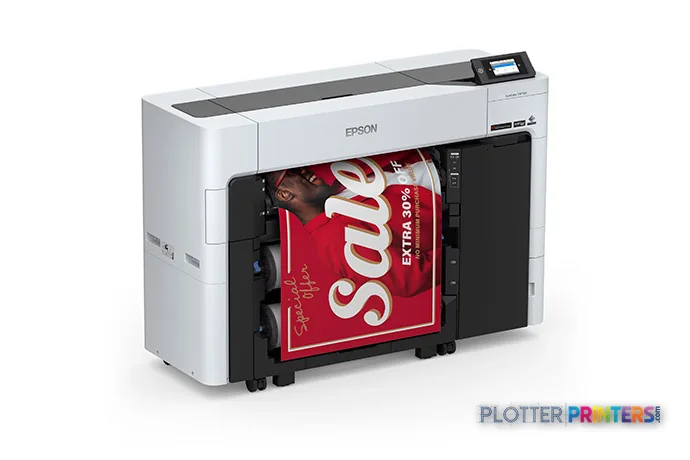 Epson SureColor T3770DR large format printer product image showing white and black inkjet printer with red fabric being prin…