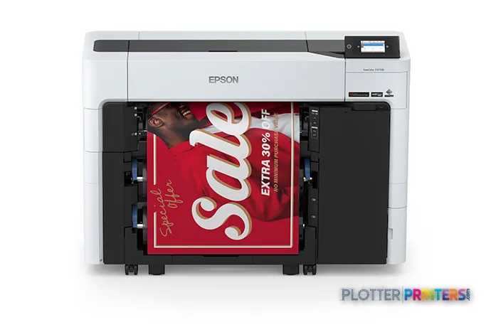 Epson SureColor T3770DR large format printer product image showing white and black inkjet printer with red banner printing t…