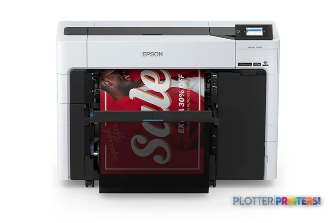 Epson SureColor T3770DR large format printer product image showing white and black inkjet printer with red poster output