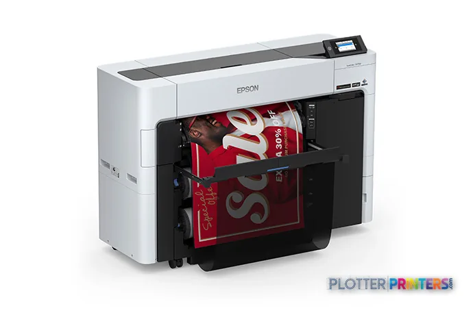 Epson SureColor T3770DR large-format printer product image showing white and black inkjet printer with red printed material