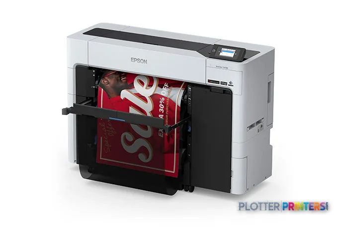 Epson SureColor T3770DR large format printer product image showing white and black inkjet printer with red banner material l…