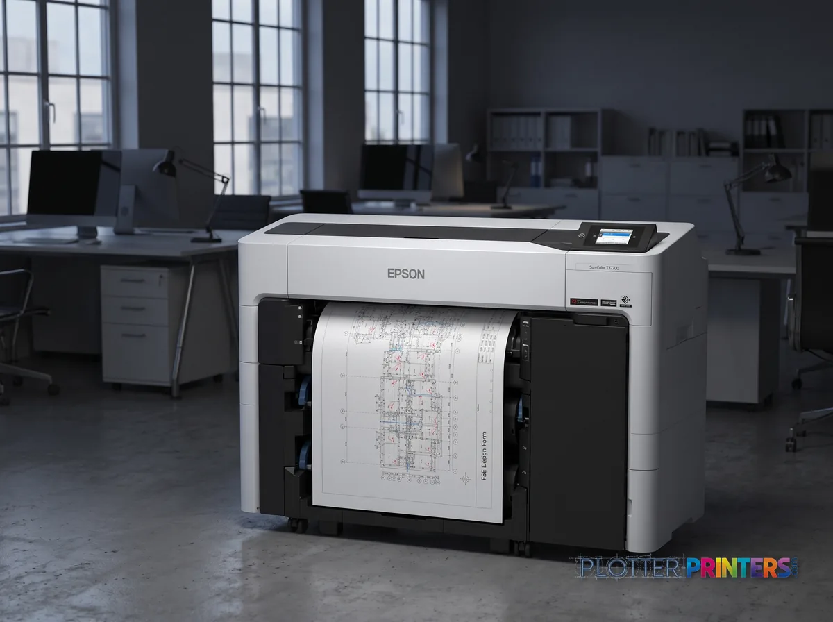 Epson SureColor T3770DR 24-in Wide-Format Printer in an engineering office with a technical drawing at its print slot (staged scene from manufacturer product photography)