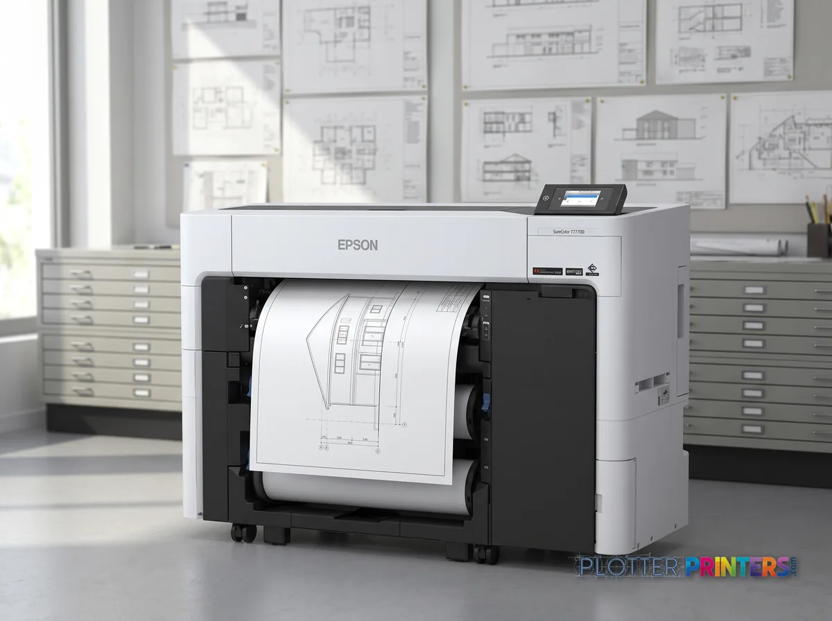 Epson SureColor T3770DR 24-in Wide-Format Printer in a plan room beside flat-file drawers, printing a CAD elevation (staged scene from manufacturer product photography)