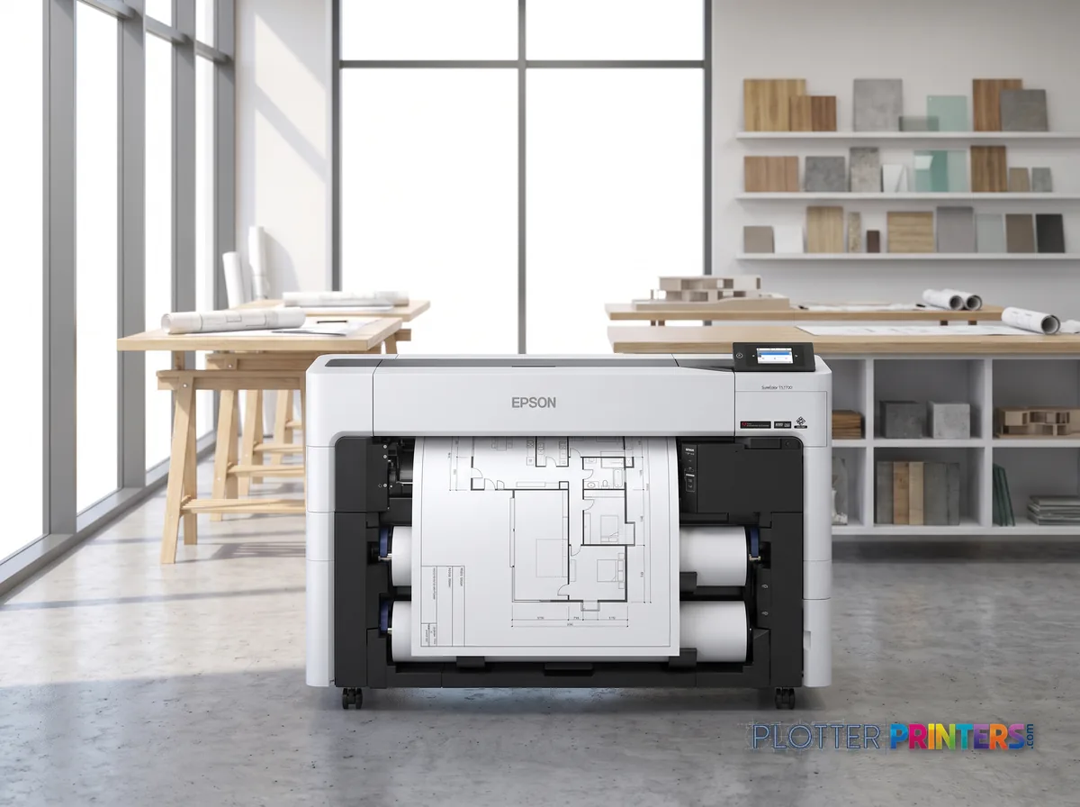 Epson SureColor T3770DR 24-in Wide-Format Printer in a bright architecture studio, printing a large floor plan (staged scene from manufacturer product photography)