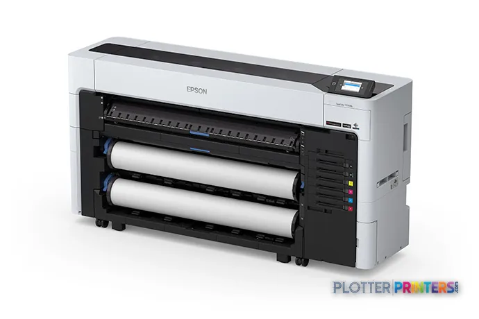 Epson SureColor T7770DL large format printer product image showing white and black inkjet printer with three paper rolls loa…