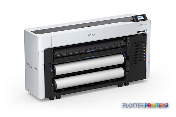 Epson SureColor T7770DL large-format printer product image showing white and black inkjet printer with dual roll feed system
