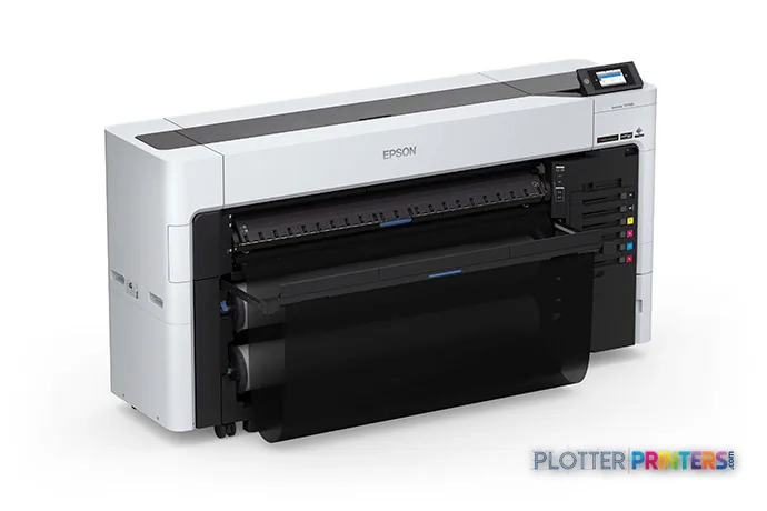 Epson SureColor T7770DL large format printer product image showing white and black inkjet printer with open paper feed mecha…