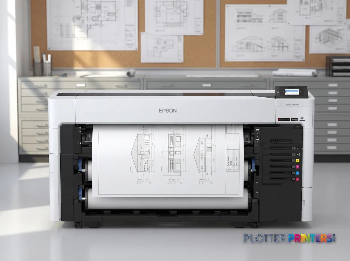 Epson SureColor T7770DL 44-in Wide-Format Printer in a plan room beside flat-file drawers, printing a CAD elevation (staged scene from manufacturer product photography)