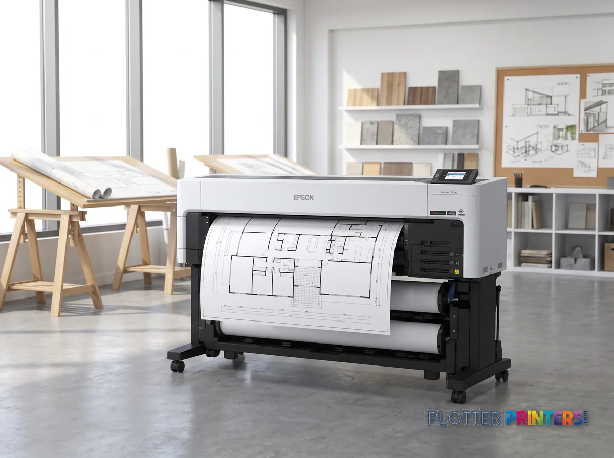 Epson SureColor T7770DL 44-in Wide-Format Printer in a bright architecture studio, printing a large floor plan (staged scene from manufacturer product photography)