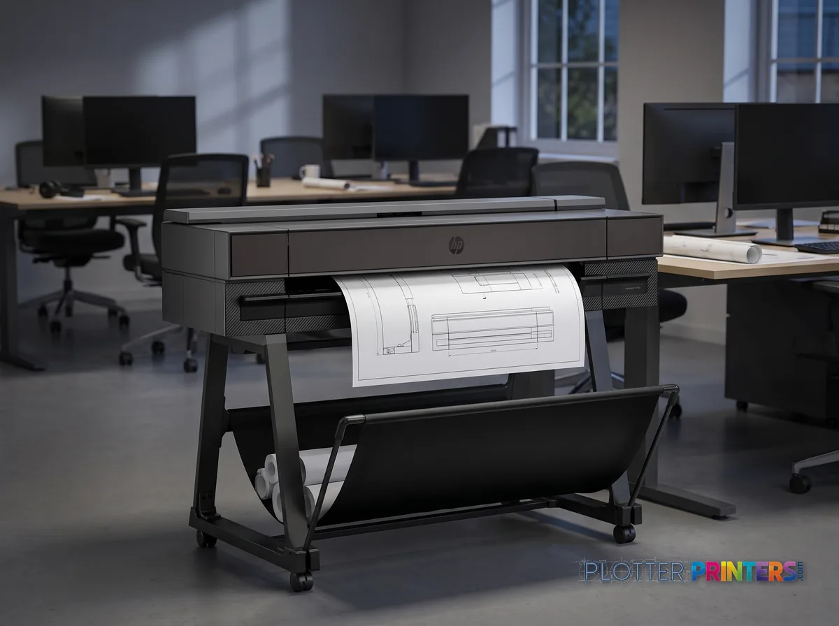 HP DesignJet T850 36-in Printer (2-Year Warranty) in an engineering office with a technical drawing at its print slot (staged scene from manufacturer product photography)