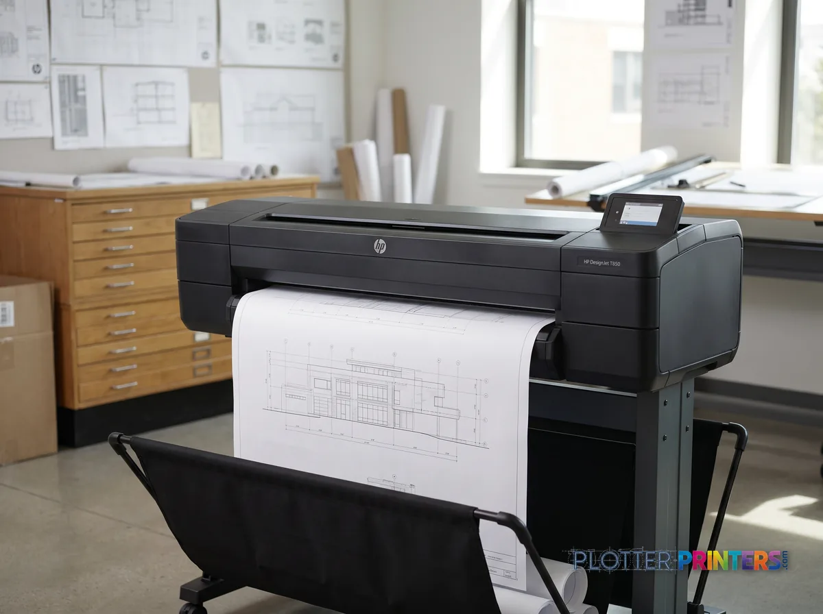 HP DesignJet T850 36-in Printer (2-Year Warranty) in a plan room beside flat-file drawers, printing a CAD elevation (staged scene from manufacturer product photography)