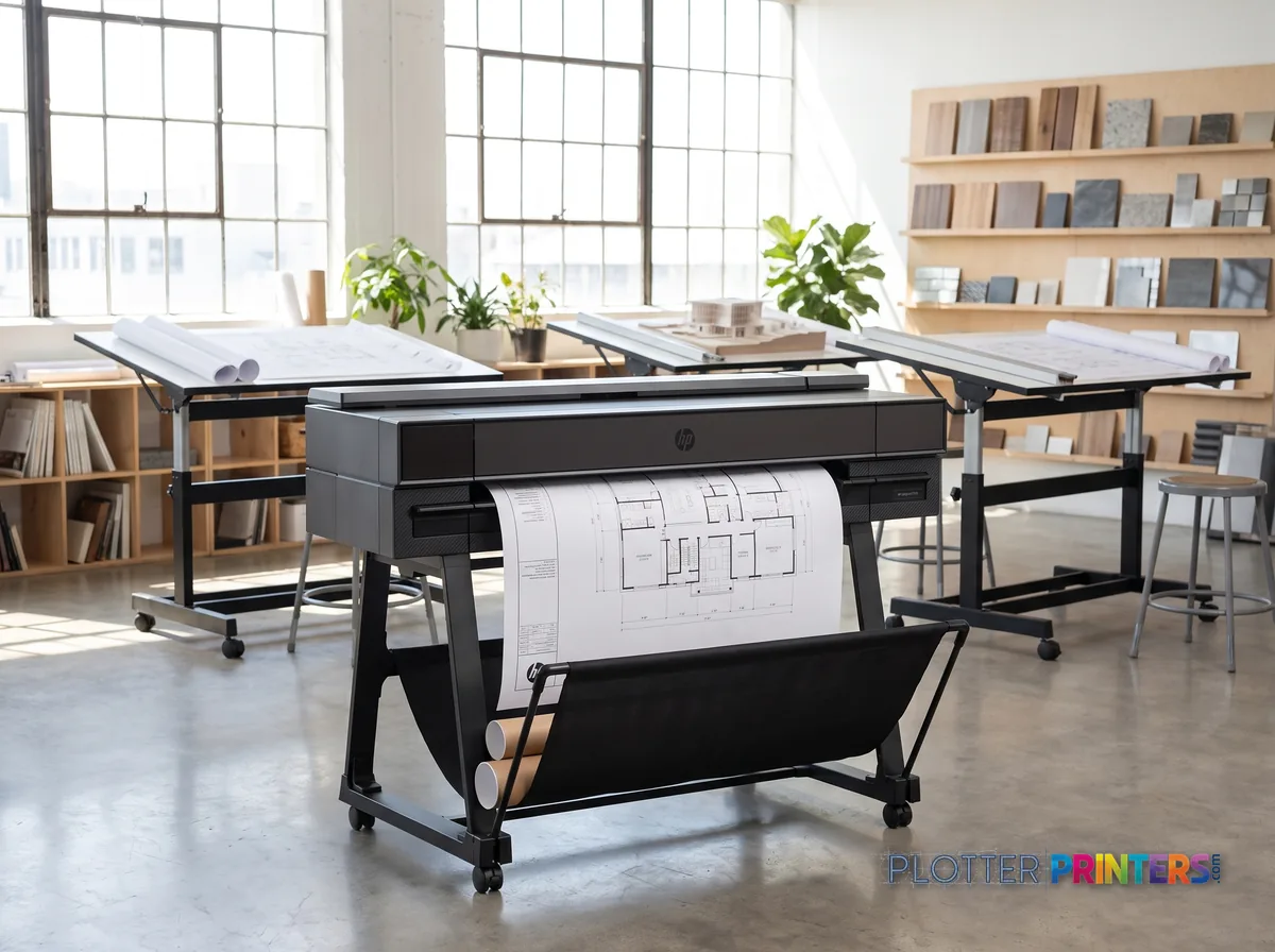 HP DesignJet T850 36-in Printer (2-Year Warranty) in a bright architecture studio, printing a large floor plan (staged scene from manufacturer product photography)