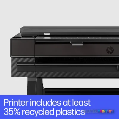 HP DesignJet T850 36-in multifunction printer front view with feature callout highlighting recycled materials