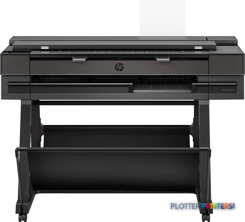 HP DesignJet T850 36-in multifunction printer product image showing front view with open media tray and stand