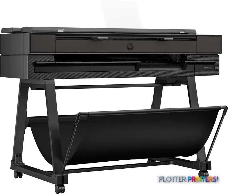 HP DesignJet T850 36-in multifunction printer product image showing front view with stand and media tray