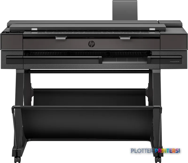 HP DesignJet T850 36-in multifunction printer product image showing front view of black large-format printer on stand