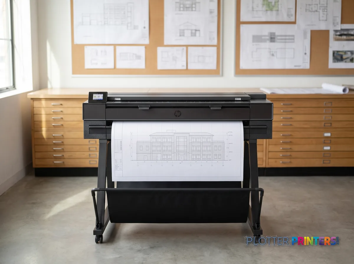 HP DesignJet T850 36-in Multifunction Printer (2-Year Warranty) in a plan room beside flat-file drawers, printing a CAD elevation (staged scene from manufacturer product photography)