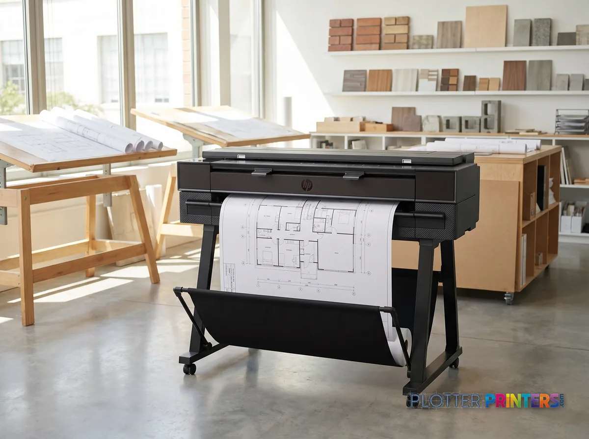 HP DesignJet T850 36-in Multifunction Printer (2-Year Warranty) in a bright architecture studio, printing a large floor plan (staged scene from manufacturer product photography)