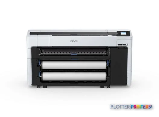Epson T7700DM large format printer product image showing front view with white and black chassis and dual paper roll system