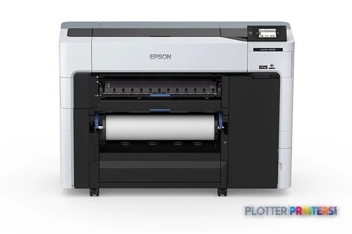 Epson SureColor P6570E large-format printer front view with white and black body, open roll feed compartment