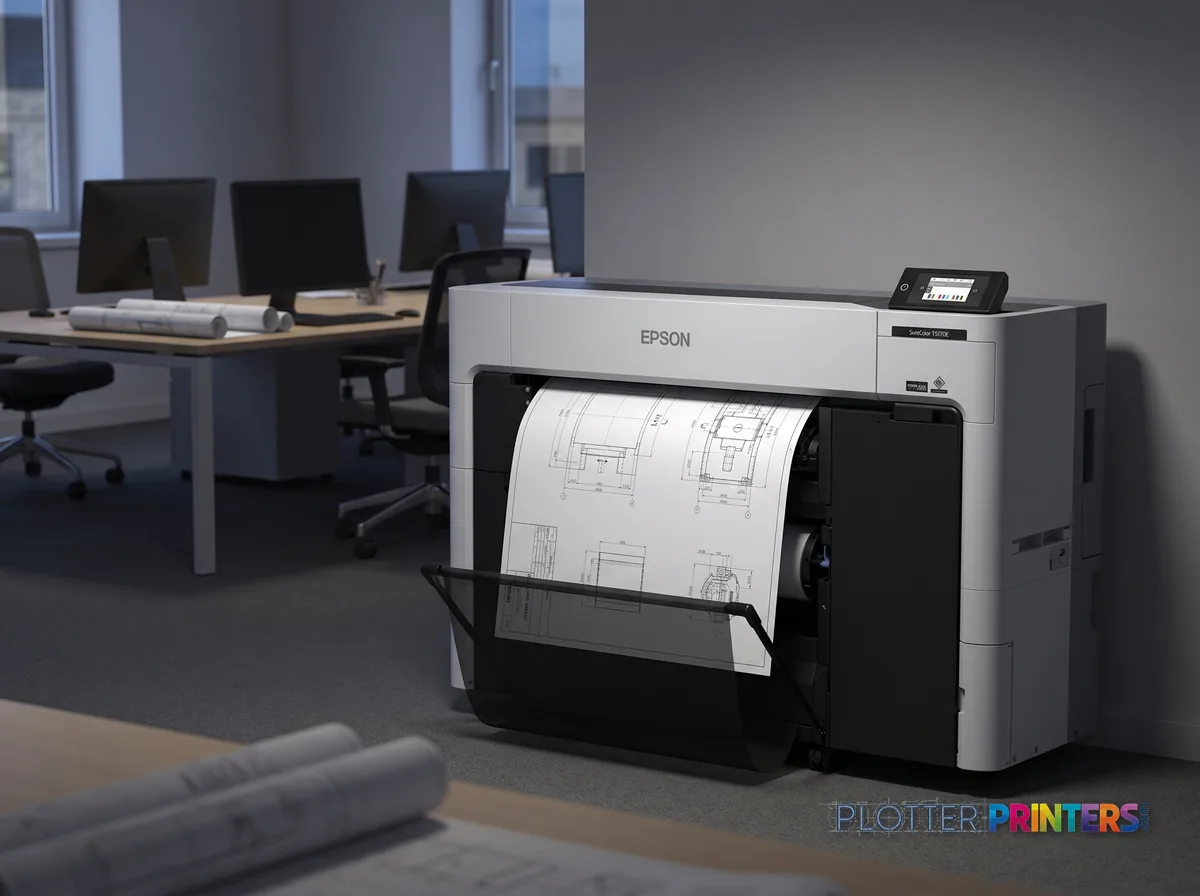Epson SureColor P6570E large format printer Wi-Fi Inkjet Colour 2400 x 1200 DPI Ethernet LAN in an engineering office with a technical drawing at its print slot (staged scene from manufacturer product photography)