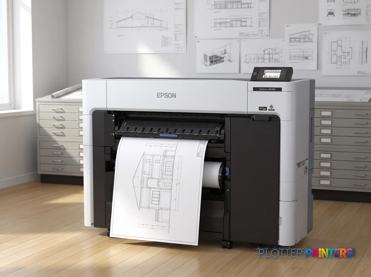 Epson SureColor P6570E large format printer Wi-Fi Inkjet Colour 2400 x 1200 DPI Ethernet LAN in a plan room beside flat-file drawers, printing a CAD elevation (staged scene from manufacturer product photography)