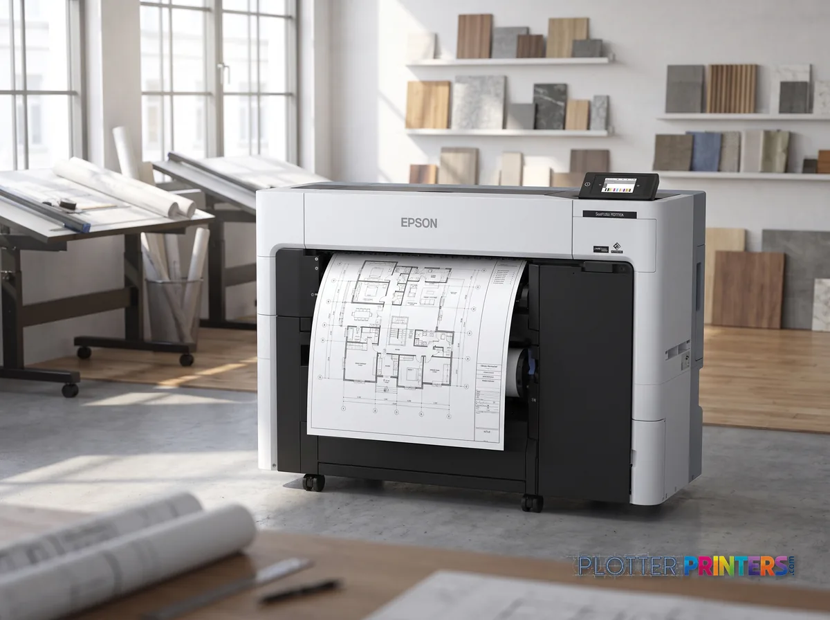 Epson SureColor P6570E large format printer Wi-Fi Inkjet Colour 2400 x 1200 DPI Ethernet LAN in a bright architecture studio, printing a large floor plan (staged scene from manufacturer product photography)