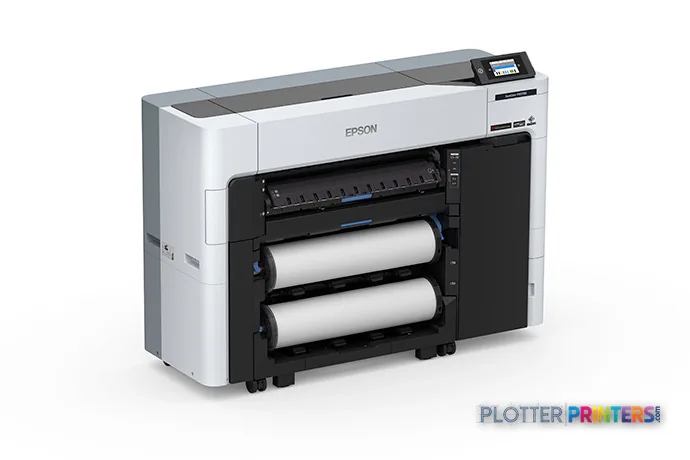 Epson SureColor P6570D large format printer product image showing white and grey inkjet printer with dual roll feed system