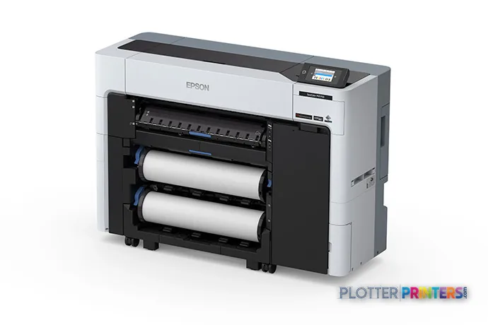 Epson SureColor P6570D large format printer product image showing white and black inkjet printer with dual roll feed system