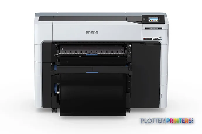 Epson SureColor P6570D large format printer front view showing white and black body with open paper feed tray