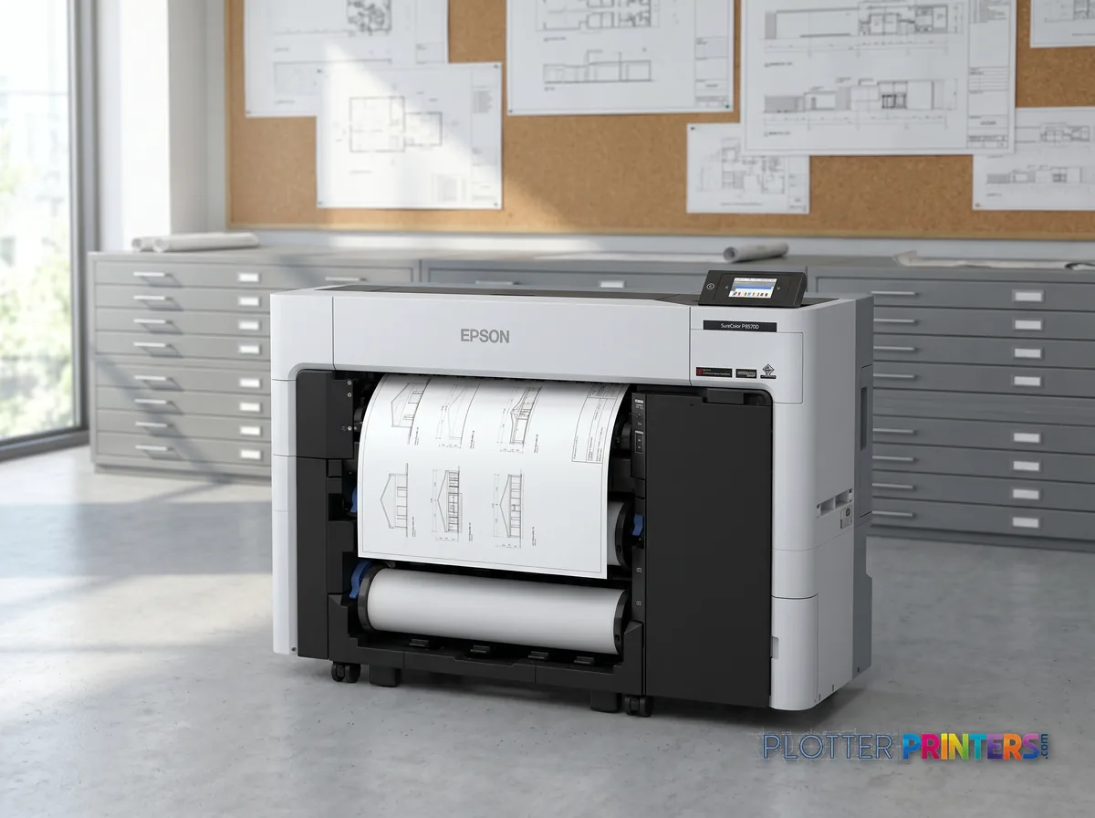 Epson SureColor P6570D Wide-Format Printer in a plan room beside flat-file drawers, printing a CAD elevation (staged scene from manufacturer product photography)