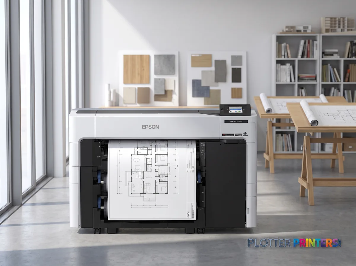 Epson SureColor P6570D Wide-Format Printer in a bright architecture studio, printing a large floor plan (staged scene from manufacturer product photography)