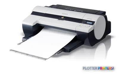Canon imagePROGRAF iPF500 large format printer product image showing white and black printer with output tray extended