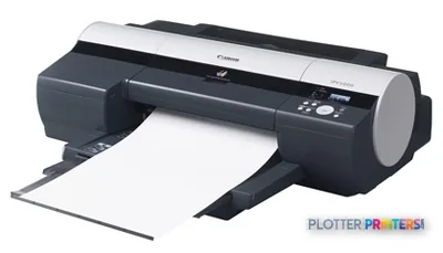 Canon imagePROGRAF iPF5000 large format printer product image showing black and gray device with white paper output