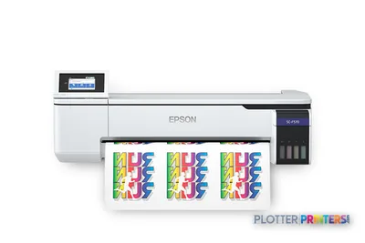 Epson SCF570LA large format printer product image showing white and black dye-sublimation printer with colorful test print