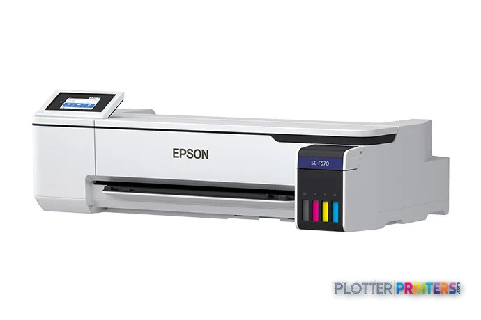 Epson SCF570LA large format printer product image showing white and black printer with touchscreen and color ink cartridges